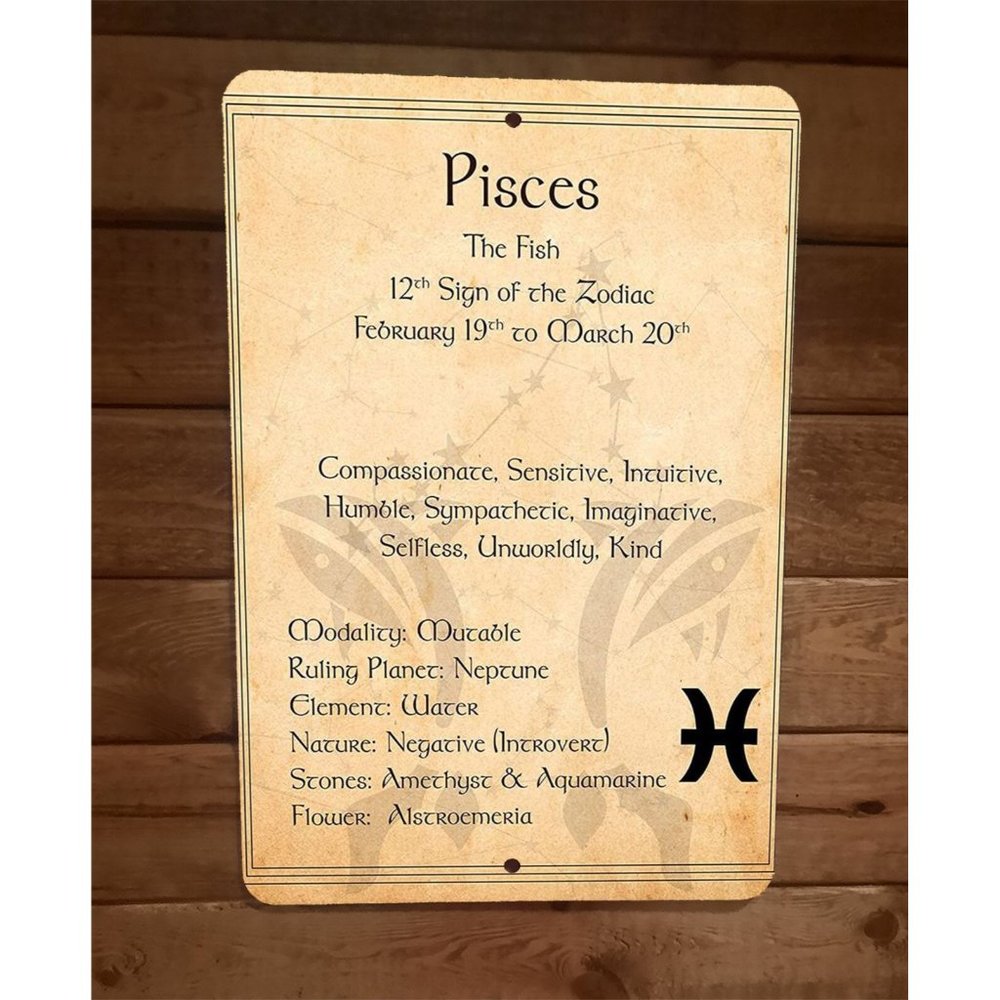 Pisces 12th Sign of the Zodiac Spiritual Astrology 8x12 Metal Wall Sign Poster